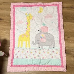 Pink and Yellow Animal Print Baby Quilt & Diaper Storage